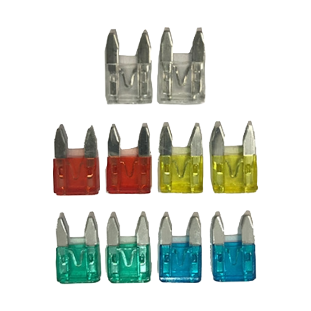 10-Piece Mini Assorted Blade Fuse Set β Standard Auto Fuses (5A-25A)