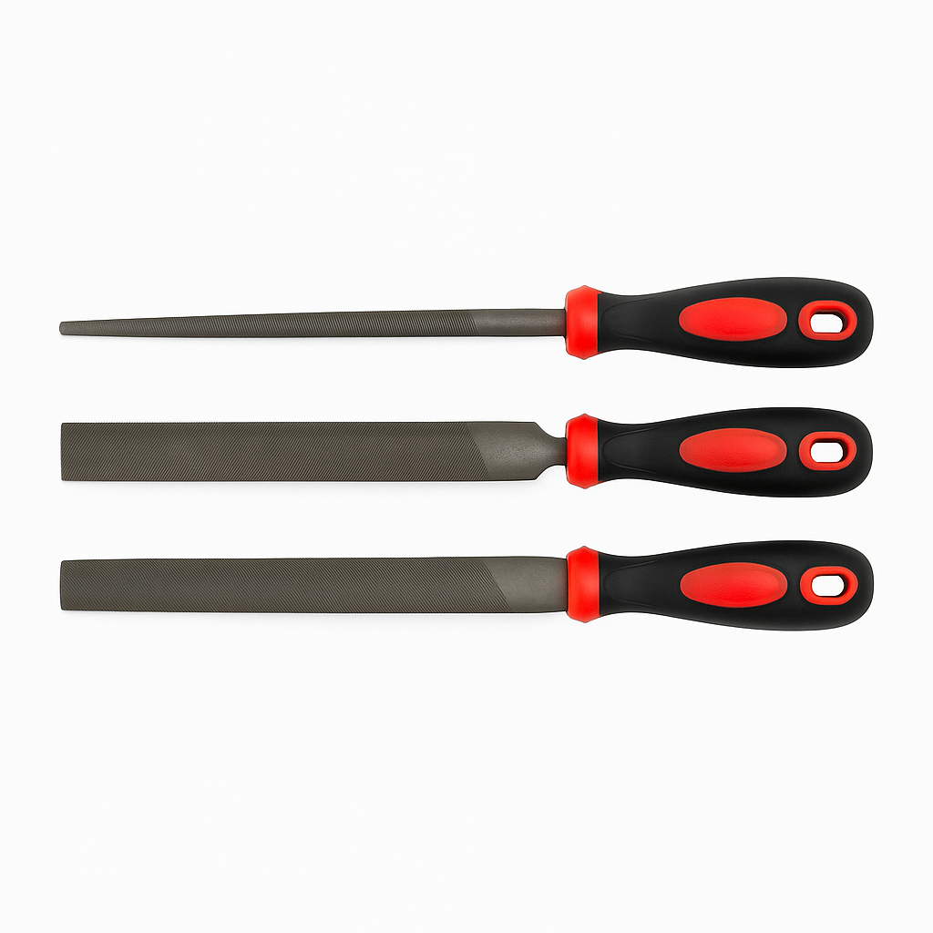 3-Piece 8" Steel File Set | Flat, Round & Half-Round with Ergonomic Handles