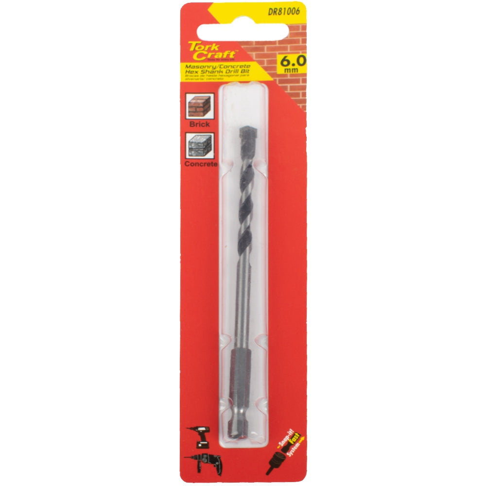 Tork Craft Hex Shank Masonry & Concrete Drill Bit 6.0mm x 190mm 1/Card DR81006