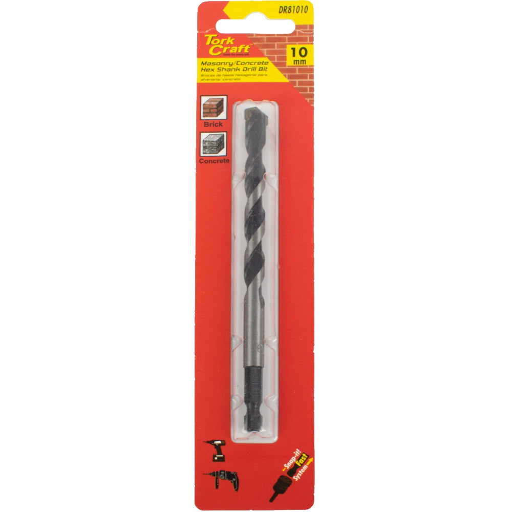 Tork Craft Hex Shank Masonry & Concrete Drill Bit 10.0mm x 210mm 1/Card DR81010