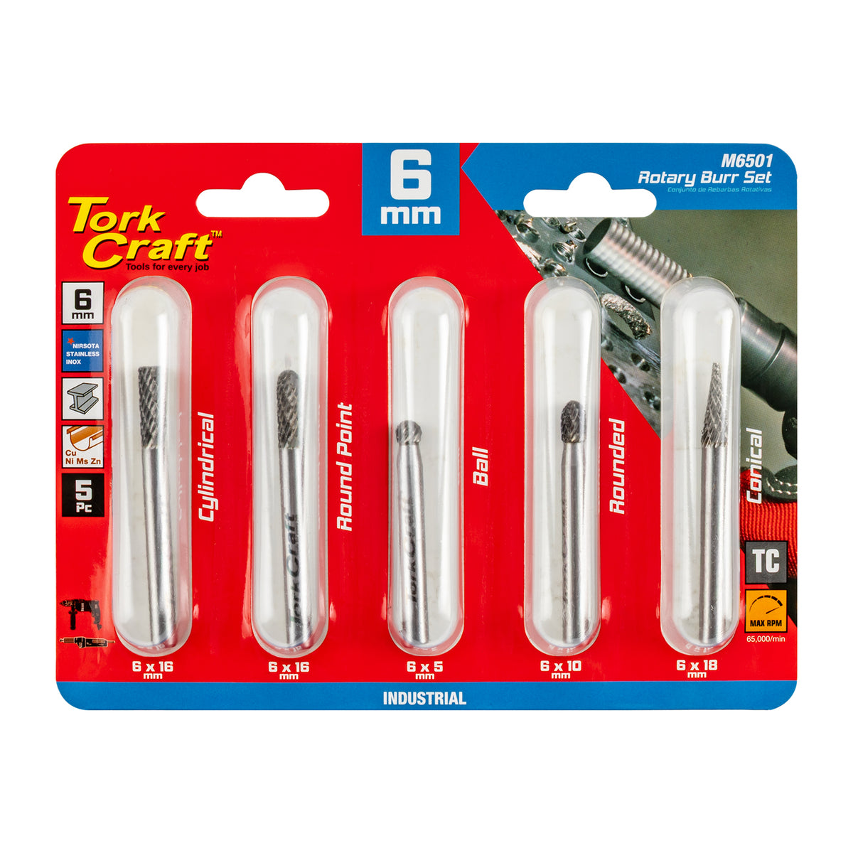 Rotary Burr Set 5 Pc Asstd 6mm Dia Tungsten