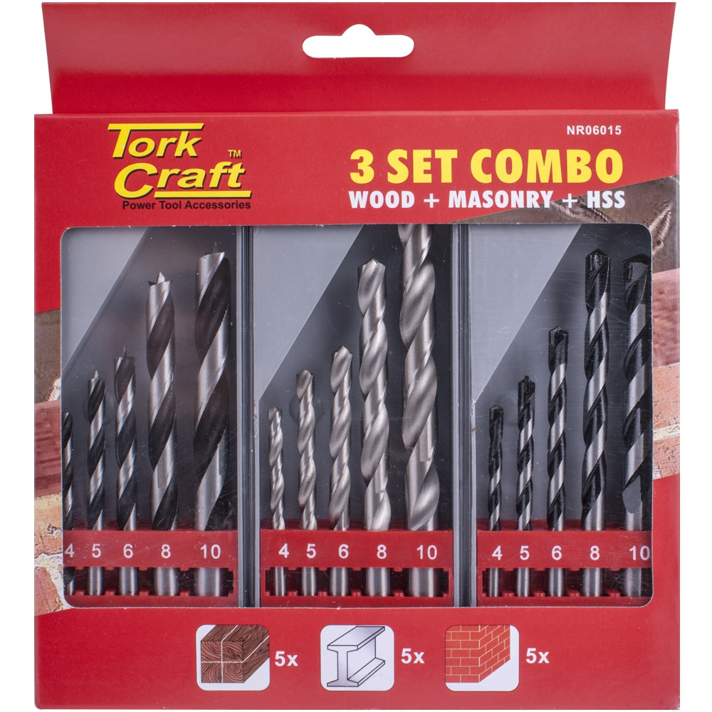 Drill Bit 3 Set Combo Wood + Masonry + Hss