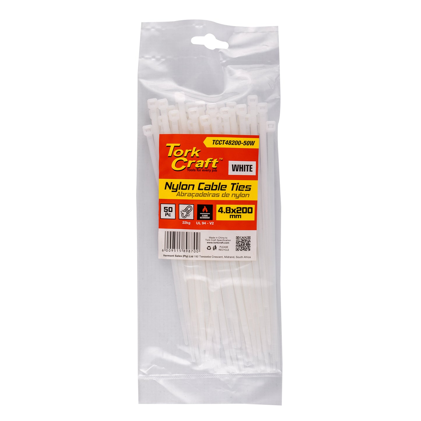 NYLON CABLE TIES 4.8MM X 200MM WHITE 50PC