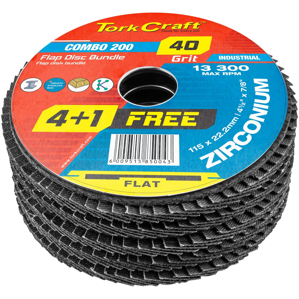 FLAP DISC ZIRCONIUM 115MM 40 GRIT FLAT 4+1 FREE