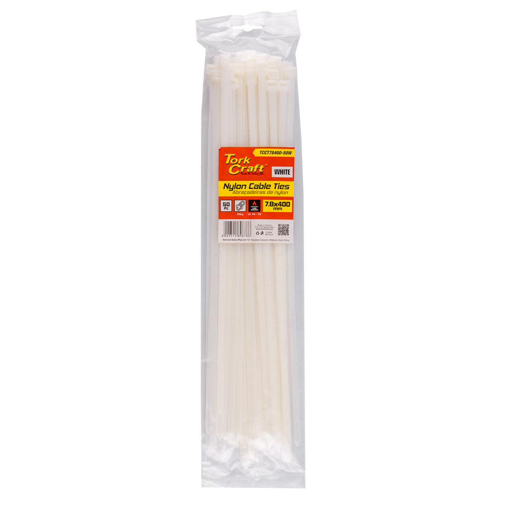 NYLON CABLE TIES 7.6MM X 400MM WHITE 50PC