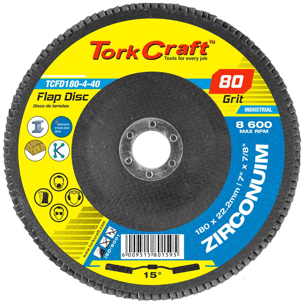 FLAP DISC ZIRCONIUM 180MM 80GRIT ANGLED