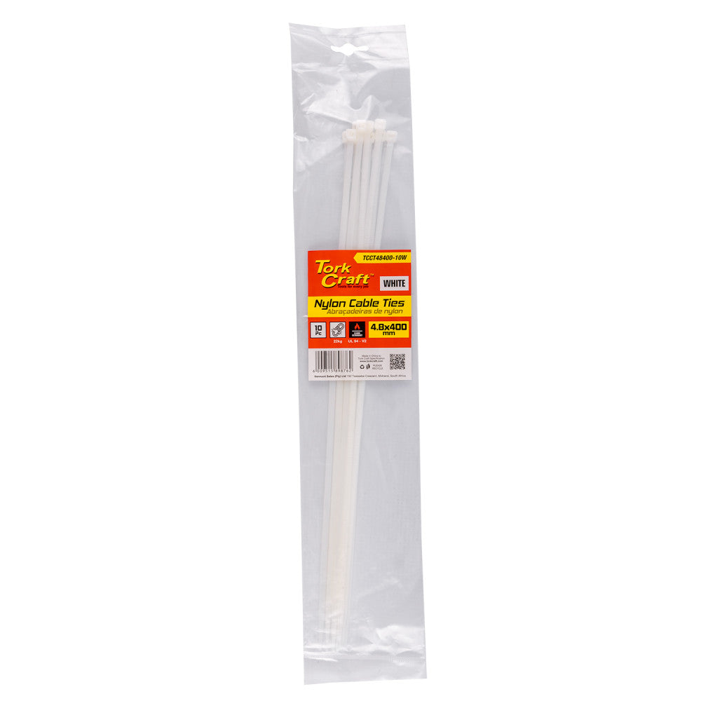 NYLON CABLE TIES 4.8MM X 400MM WHITE 10PC