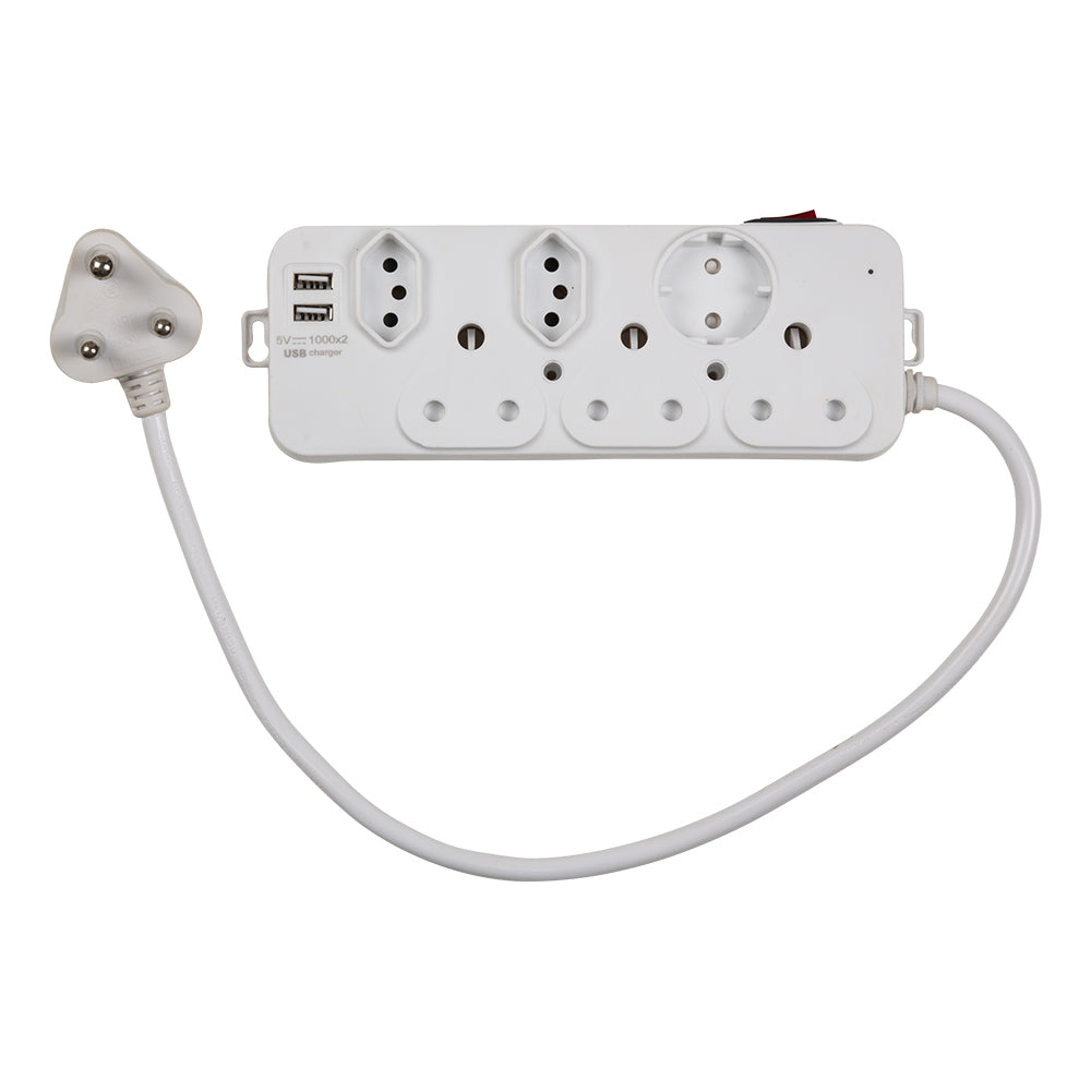 Eurolux 8way multi-plug 3 x 16A, 2 x 5A plug, 1 x 5A schuko, 2 x USB