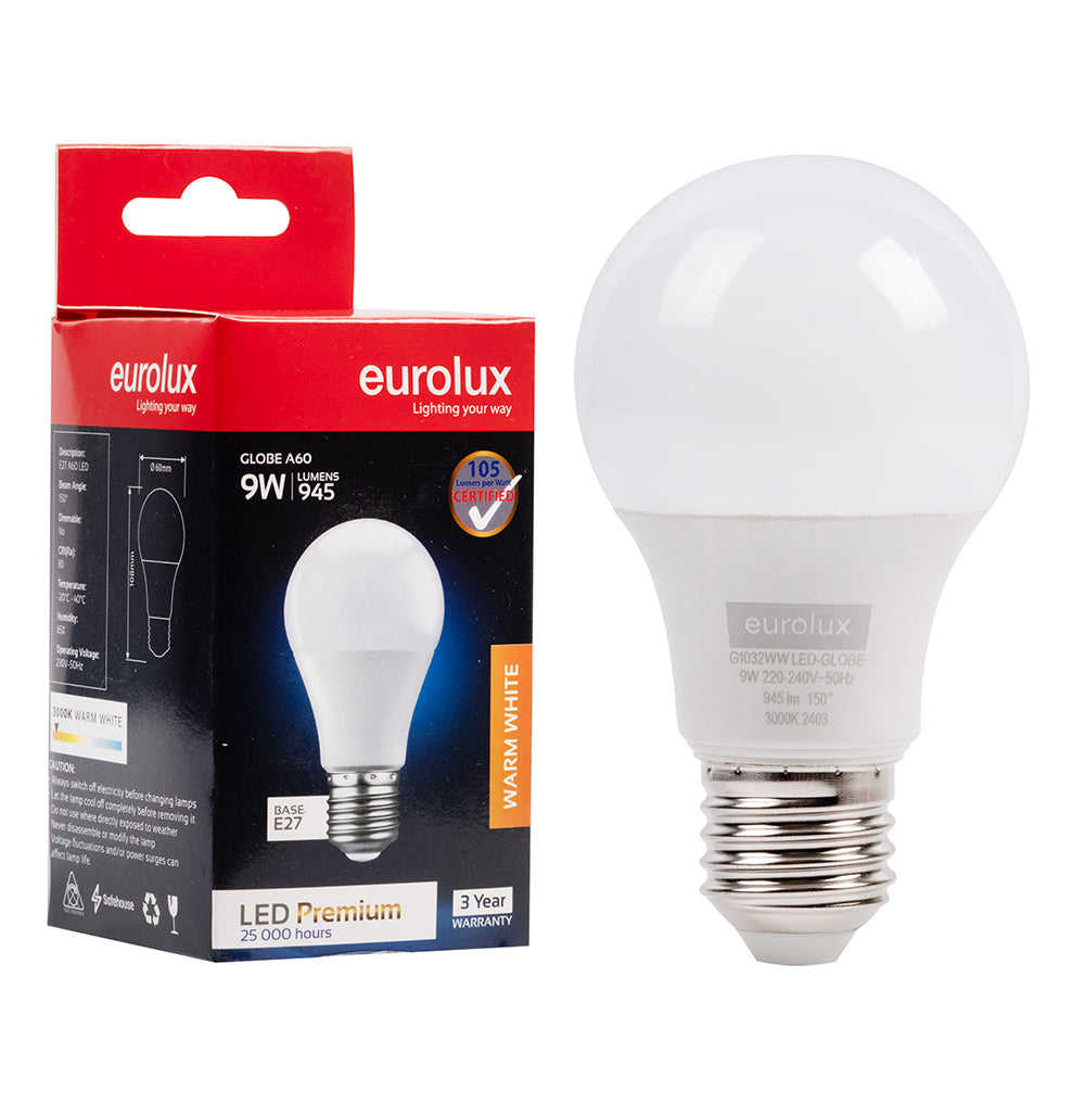 Eurolux Warm White E27 9W Opal Globe LED Bulb