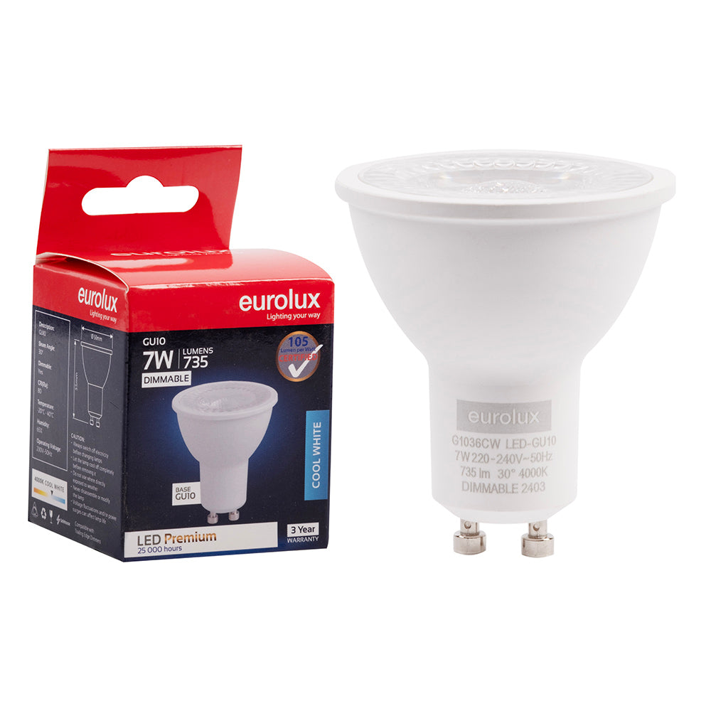 Eurolux Cool White Dimmable GU10 7W LED Downlight Bulb