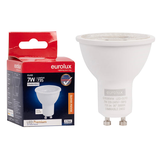 Eurolux Warm White Dimmable GU10 7W LED Downlight Bulb