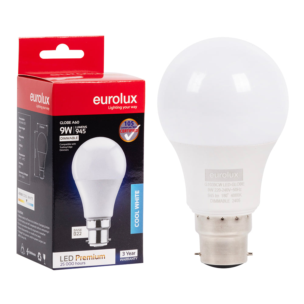 Eurolux Cool White B22 9W Opal Globe LED Bulb