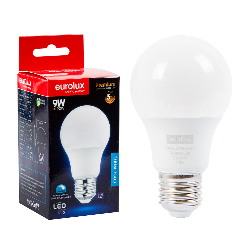 Eurolux Cool White E27 9W Opal Globe LED Bulb