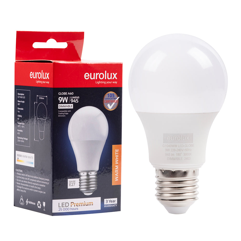 Eurolux Warm White E27 9W Opal Globe LED Dimmable Bulb