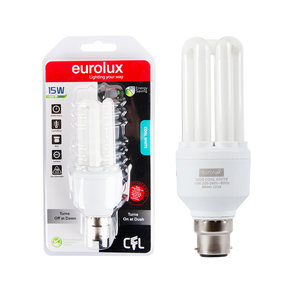 Eurolux Cool White B22 15W Day/Night Sensor 3U CFL (Blister Pack)