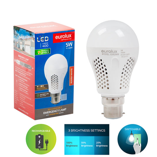 Eurolux Rechargeable LED B22 5W Warm White Bulb