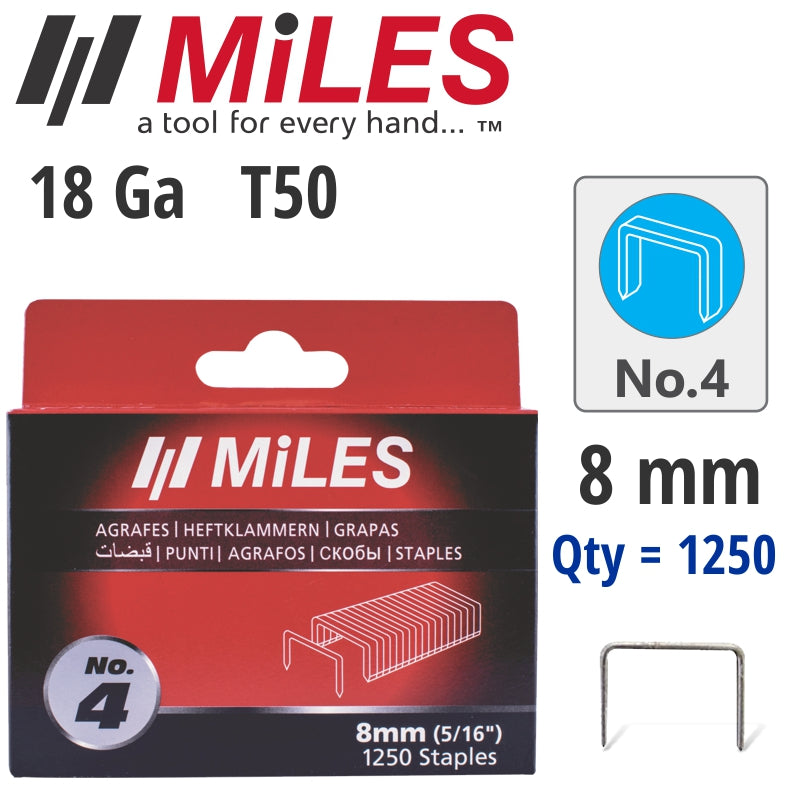 Galv Staples 18g T50 8mm X 1250pcs Miles No4