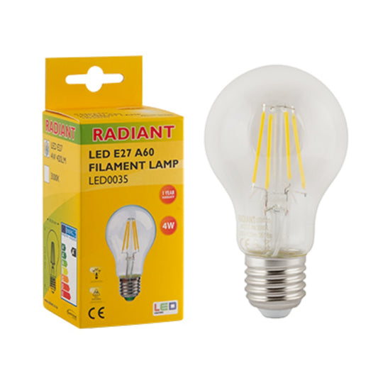 Radiant A60 Filament Clear 4w LED E27 3000K Warm White