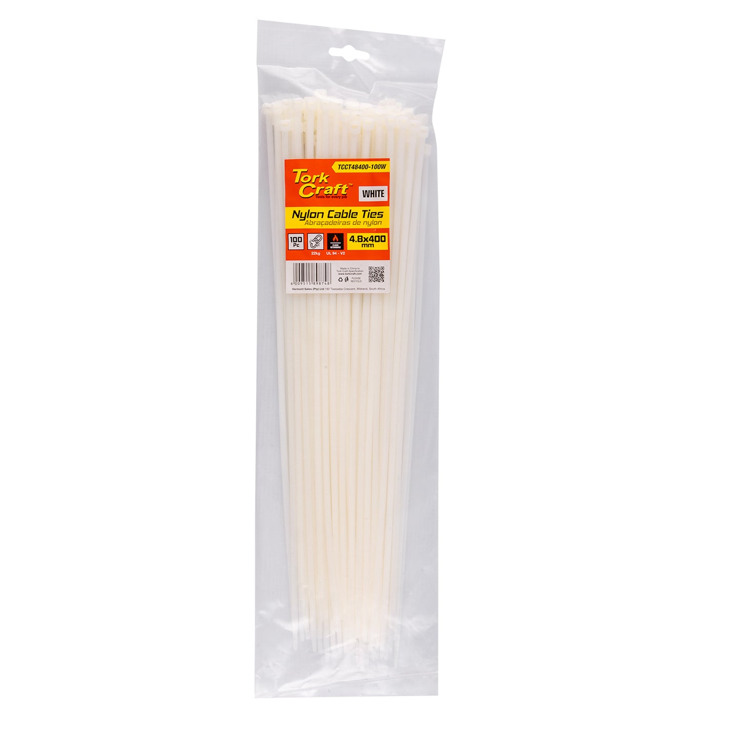 NYLON CABLE TIES 4.8MM X 400MM WHITE 100PC