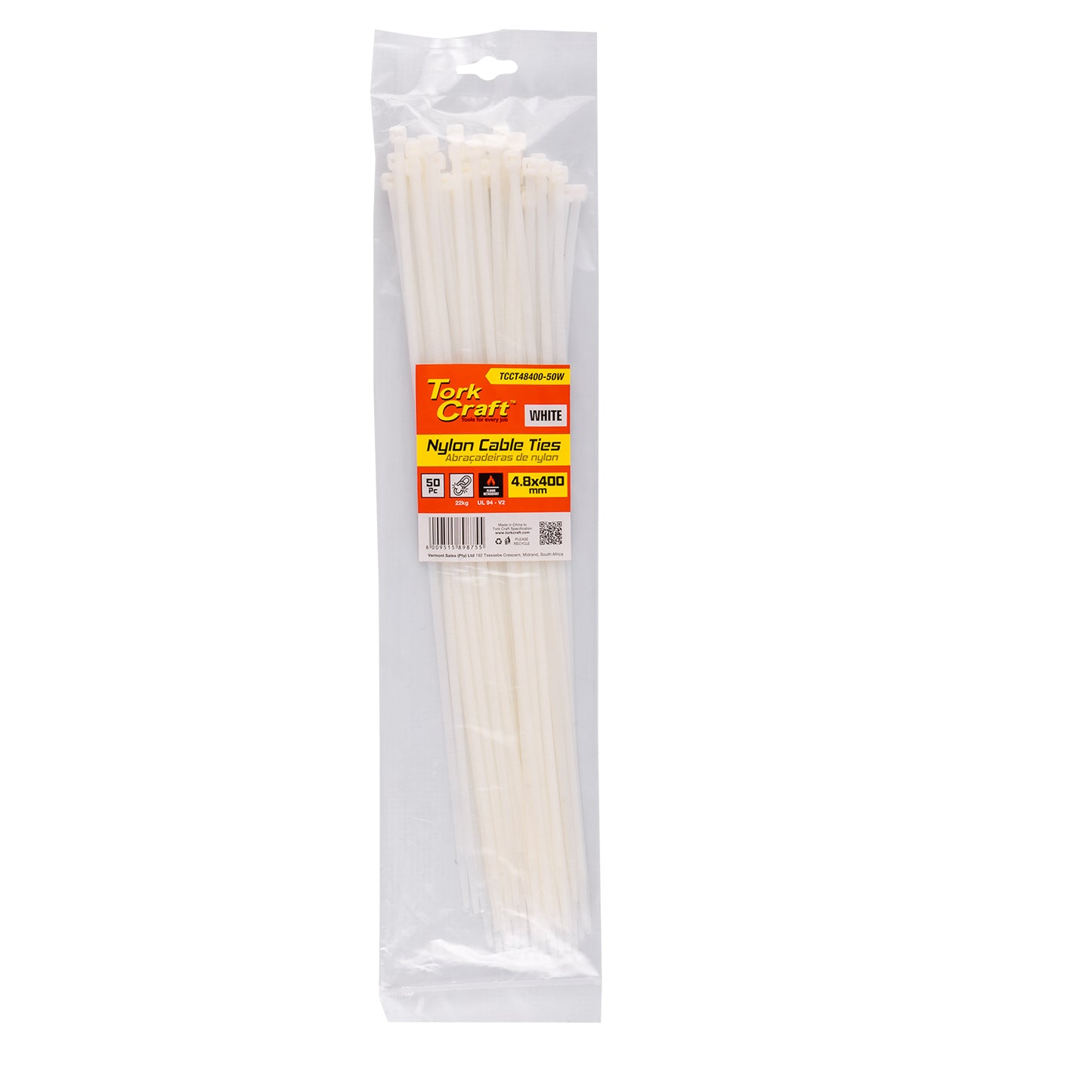NYLON CABLE TIES 4.8MM X 400MM WHITE 50PC