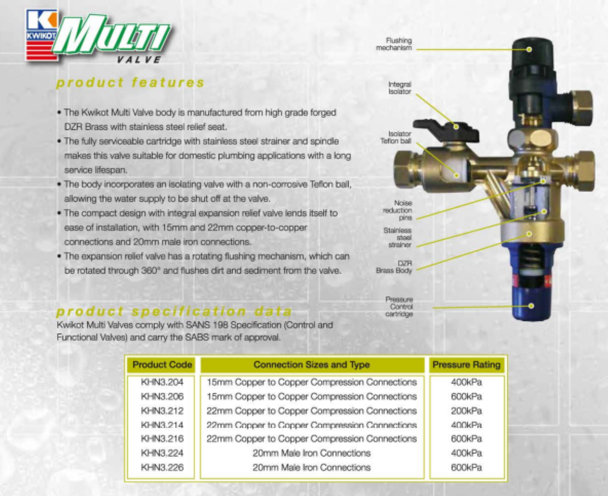 Kwikot 22mm (3/4") 600KPA Pressure Control Valve Ultra